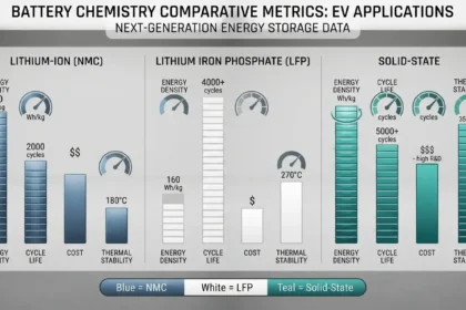 Infographic comparing 2026 electric vehicle battery technologies and performance metrics.