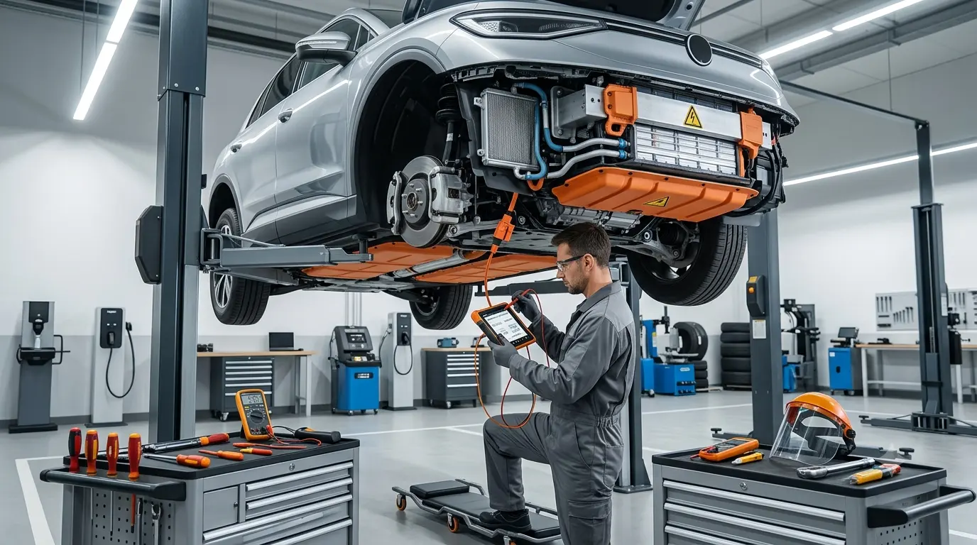 Electric vehicle technician performing routine maintenance on a modern electric car.