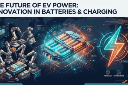 ollage of new battery technology in 2026 showing an EV battery pack, charging bolt, and factory production line