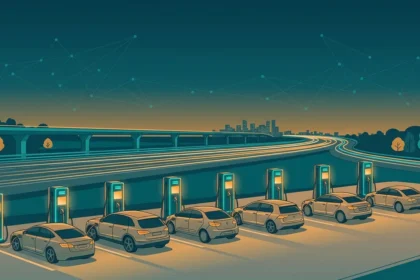 Modern EV fast-charging station at night with multiple cars charging and a highway in the background