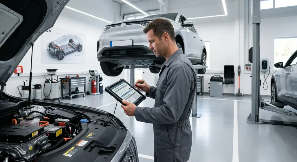 EV technician inspecting an electric vehicle using a diagnostic tablet