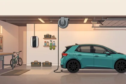 Retractable EV charger cable reel mounted on a garage ceiling with the cable suspended above an electric car