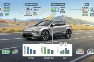 EV trip planner showing charging stops cost and travel time