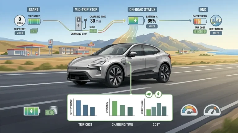 EV trip planner showing charging stops cost and travel time