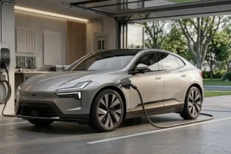 Home EV charger installed in a residential garage beside an electric car