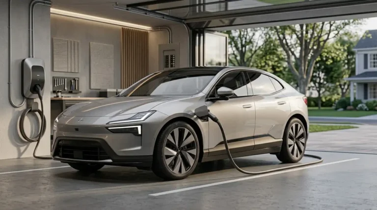 Home EV charger installed in a residential garage beside an electric car