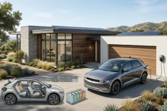 Hyundai electric car parked outside a modern home
