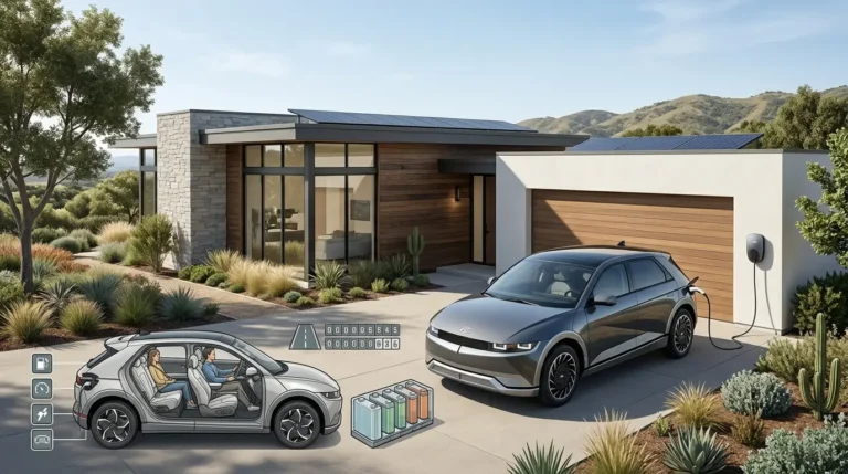 Hyundai electric car parked outside a modern home