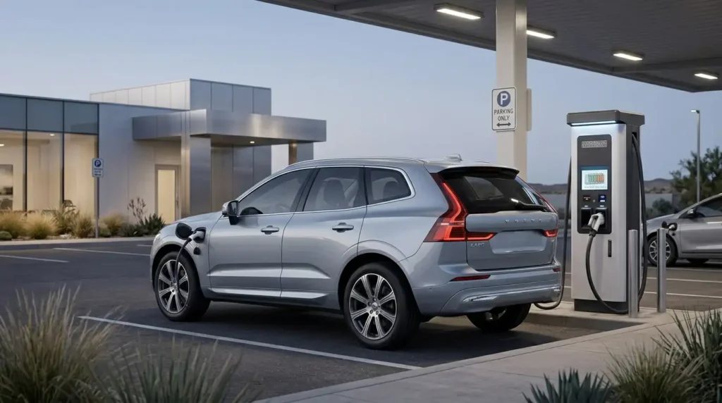 Electric SUV connected to a DC fast charger at a public charging station