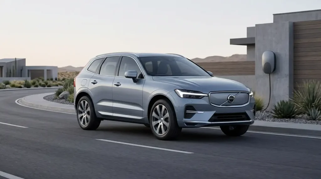 Volvo EX60 midsize fully electric SUV viewed from the front three-quarter ang